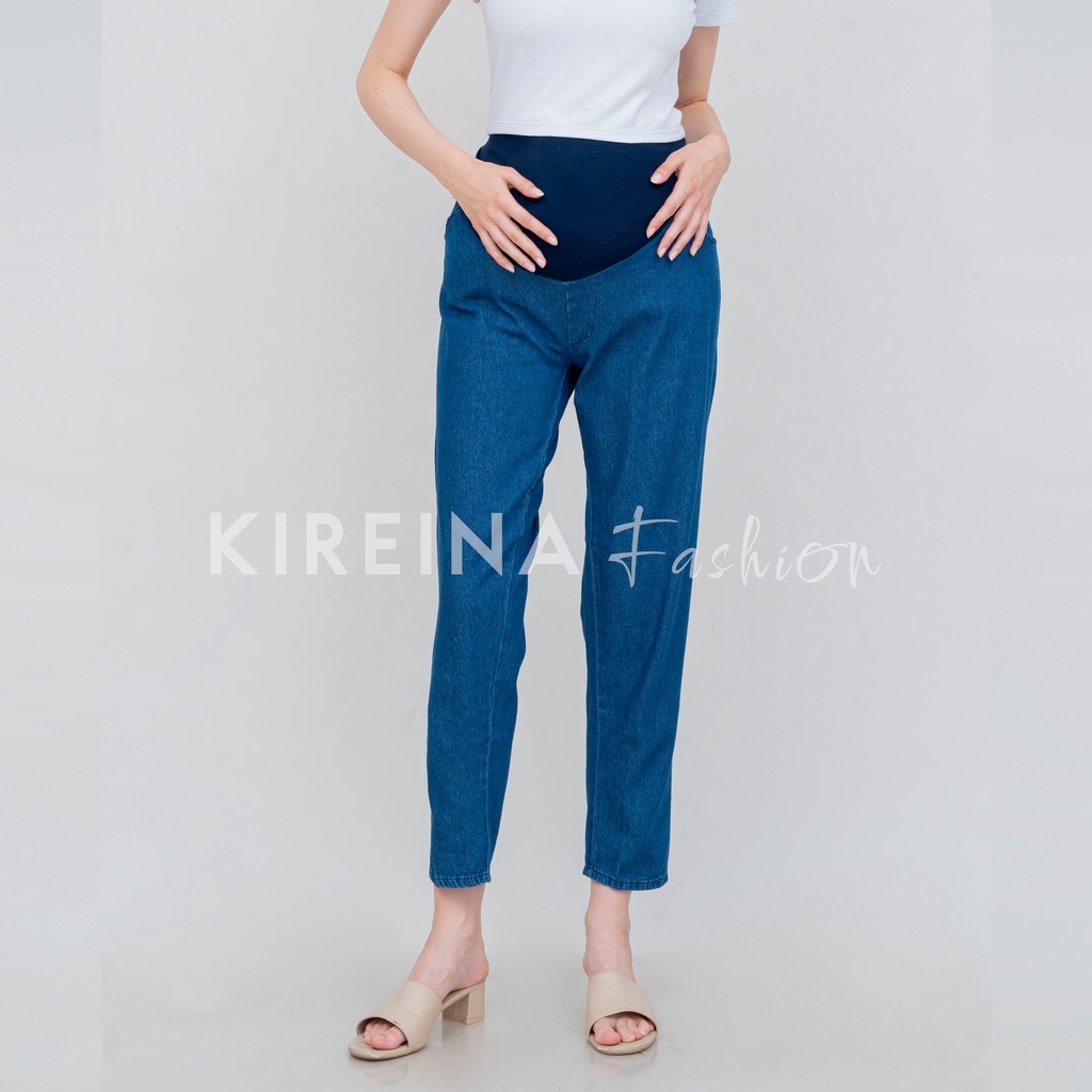 Celana Hamil Jeans Denim Strech Jumbo Maternity Pants Office Fashion Wanita Bumil Premium Pinggang Karet - KIREINA