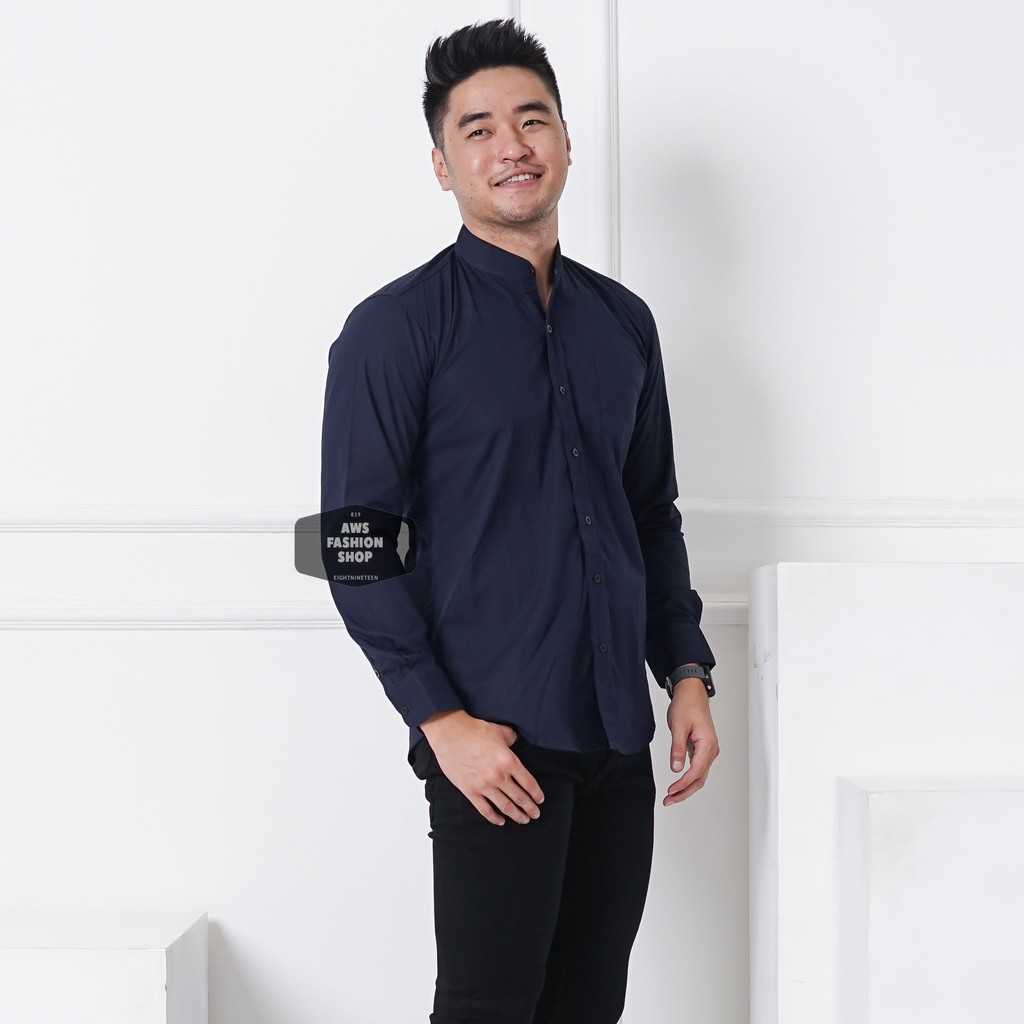 Kemeja Pria Lengan Panjang Polos Biru Navy Dark Blue Kerah Shanghai Koko Polos Slimfit Casual