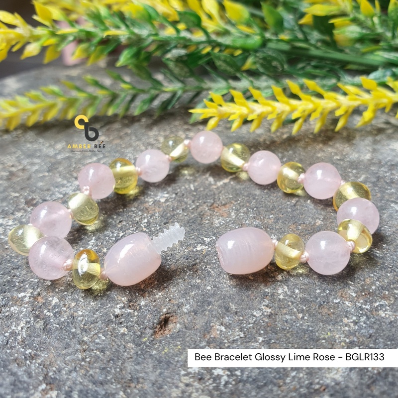 Gelang Amber Baltic Anak dan Balita Premium Glossy Lime Gemstone Rose BGLR133 By Amber Bee