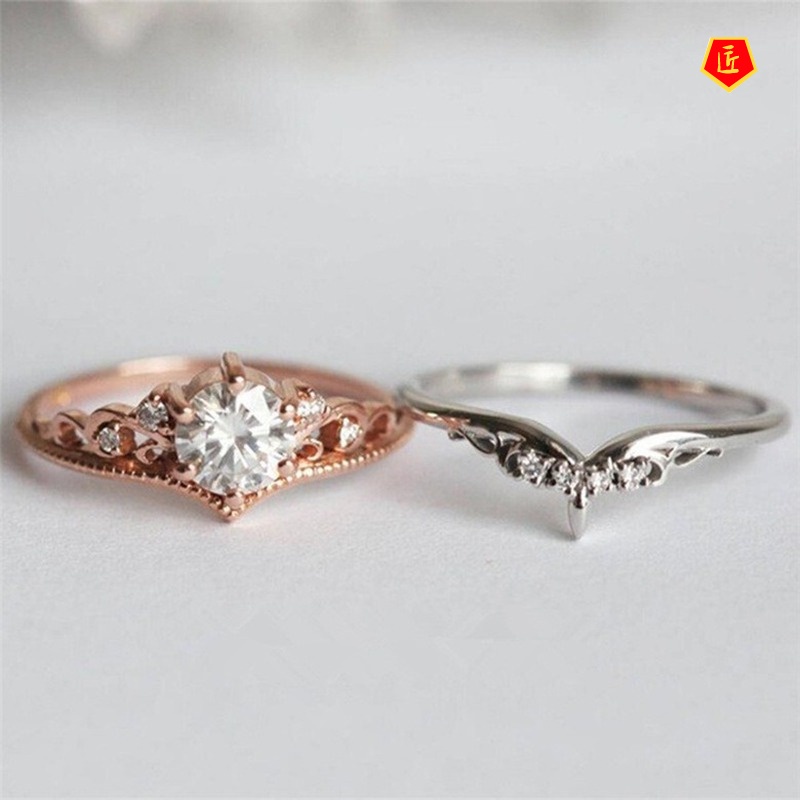 [Ready Stock]Creative Crown Color Separation Ring Set Diamond 14K Rose Gold