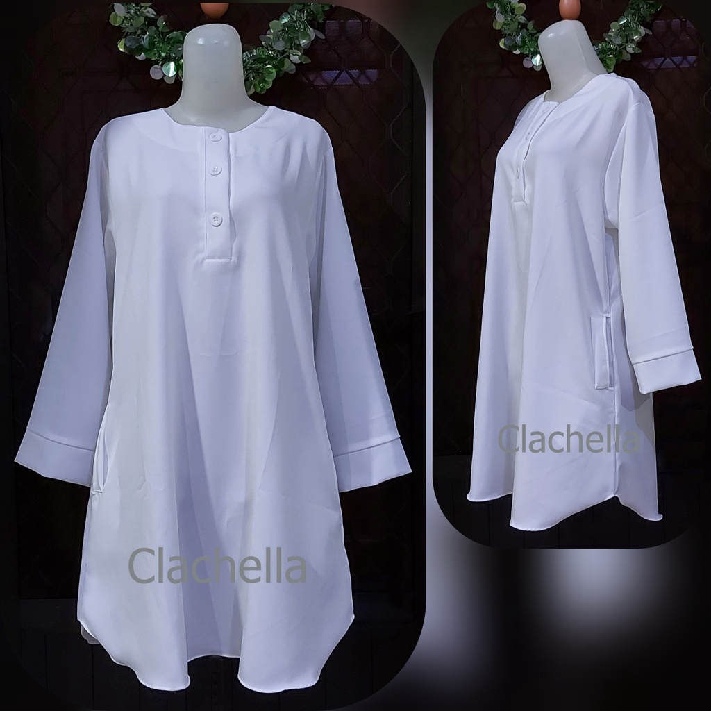 Clachella Baju Tunik Putih Motif Polos, Baju Atasan Wanita T1B8019