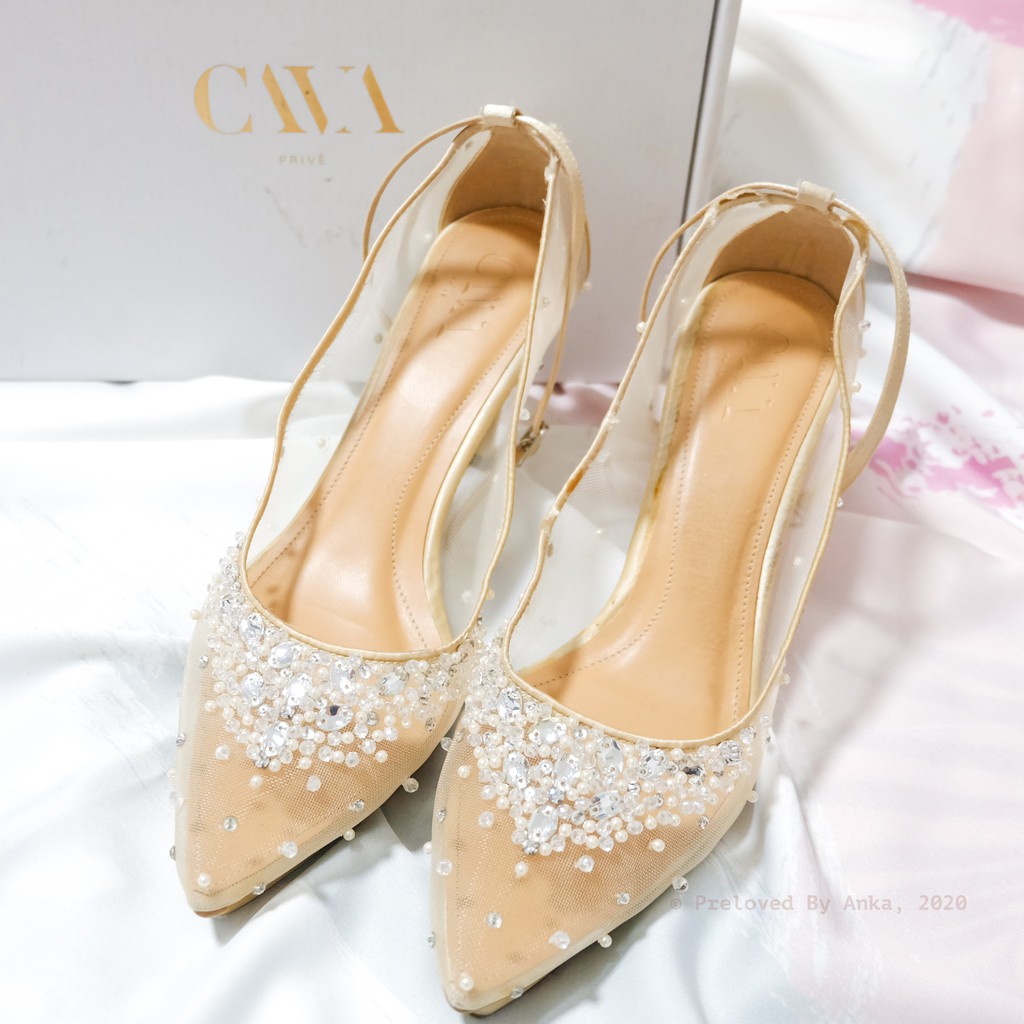 Cava Prive Wedding Shoes Custom Design Heels Size 39 Champagne Satin - Preloved