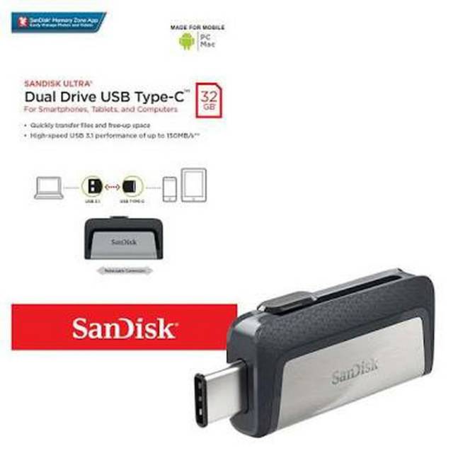 FLASHDISK OTG TIPE C 32GB USB DUAL DRIVE/ GARANSI SANDISK ORIGNAL 5TAHUN