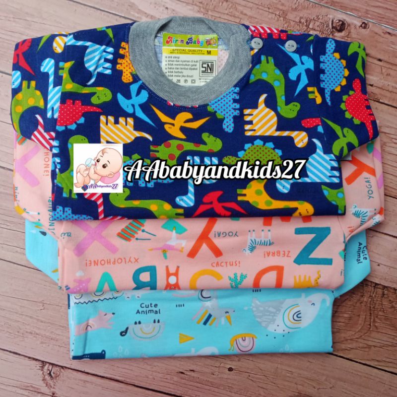 AIRIN BABY 3PC Kaos Oblong Bayi Kancing Pundak Full Print Warna Lembut dan SNI Ukuran M L