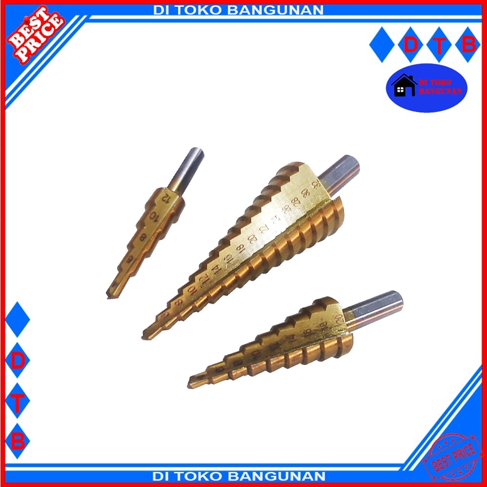 Mata Bor Besi Kuningan Pagoda Set 3 Pcs Kayu Plastik Step Drill