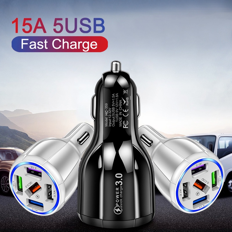 [1Pcs Mini USB Port Fast Charging Car Charger] [15A 5 Ports LED  Car Fast Charger Adapter Compatible with  Universal iPhone And Android phone]