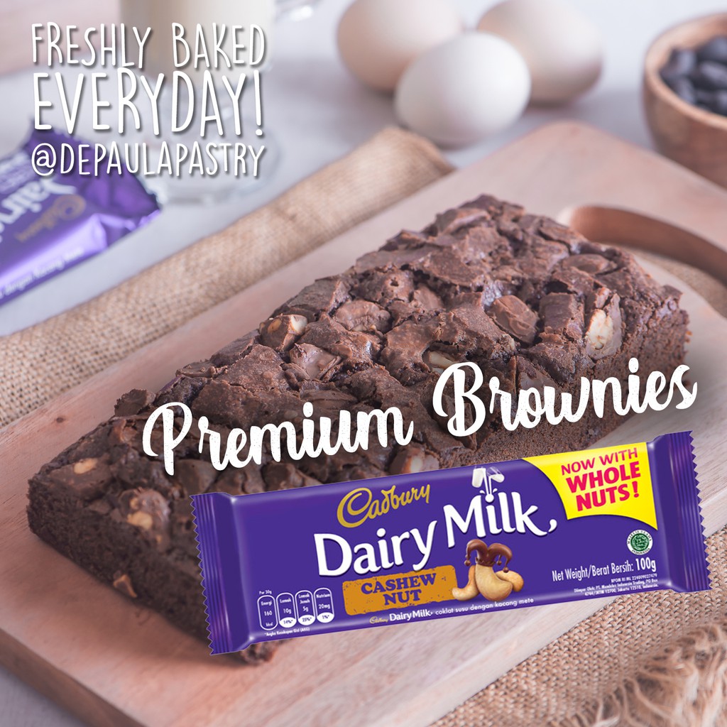 

Brownies Panggang Premium Topping CADBURY DAIRY MILK / Kue Coklat Brownis Bronis Kukus Fudgy