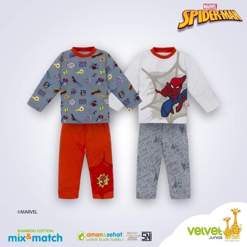 Piyama Velvet Junior seri MARVEL SPIDERMAN / PRINCESS RAPUNZEL Mix And Match Boy &amp; Girl Isi 2 Setelan Bamboo Cotton