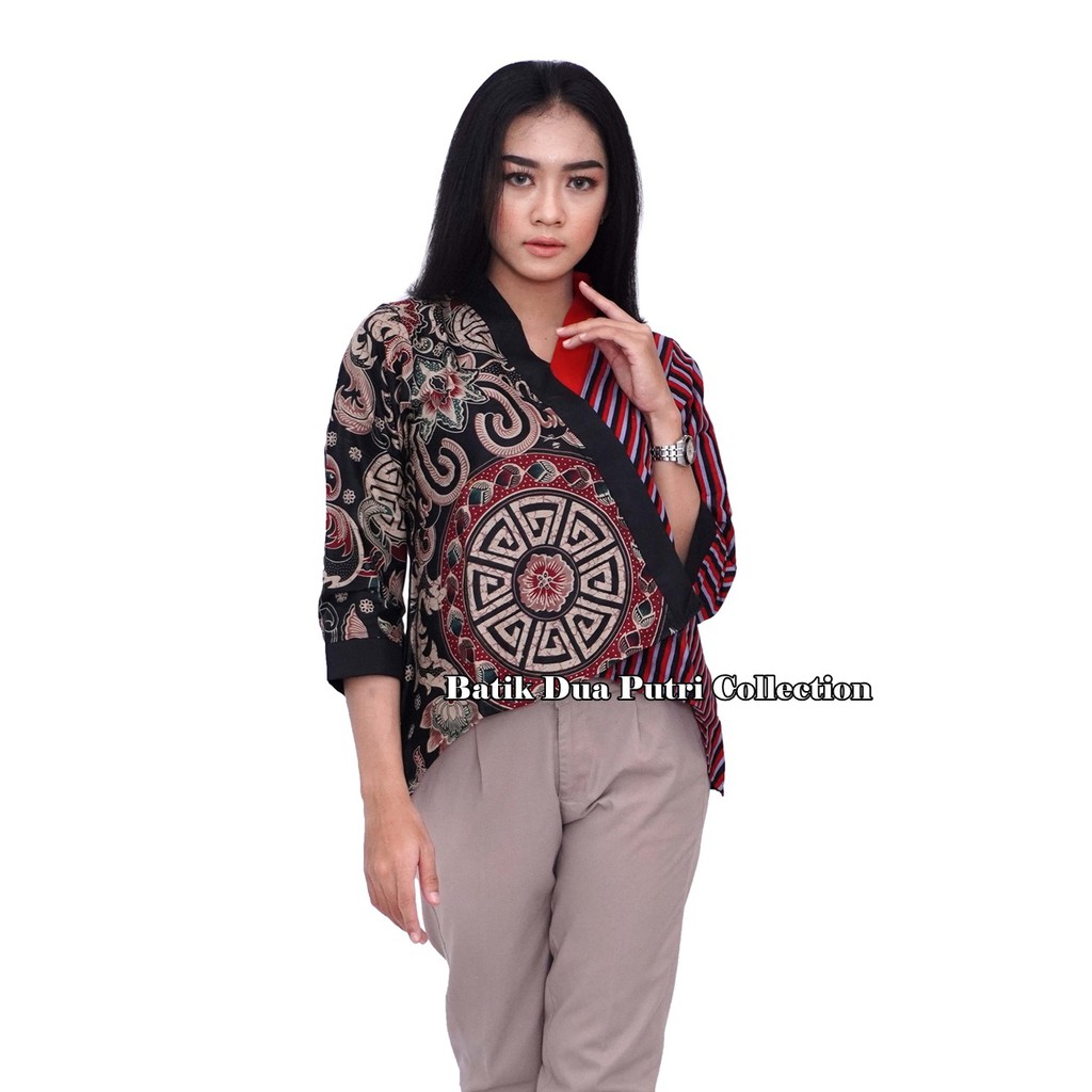 Atasan Batik Wanita Blouse Batik Kombinasi Salur Wana Warni - Bola Cina By Batik Dua Putri