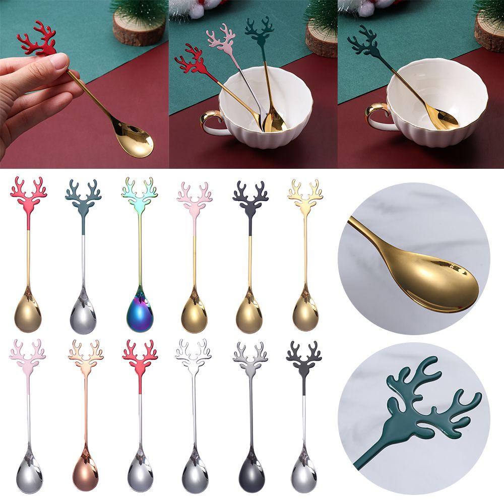 Solighter Sendok Natal Peralatan Makan Stainless Steel Natal Kepala Rusa Xmas Tanduk