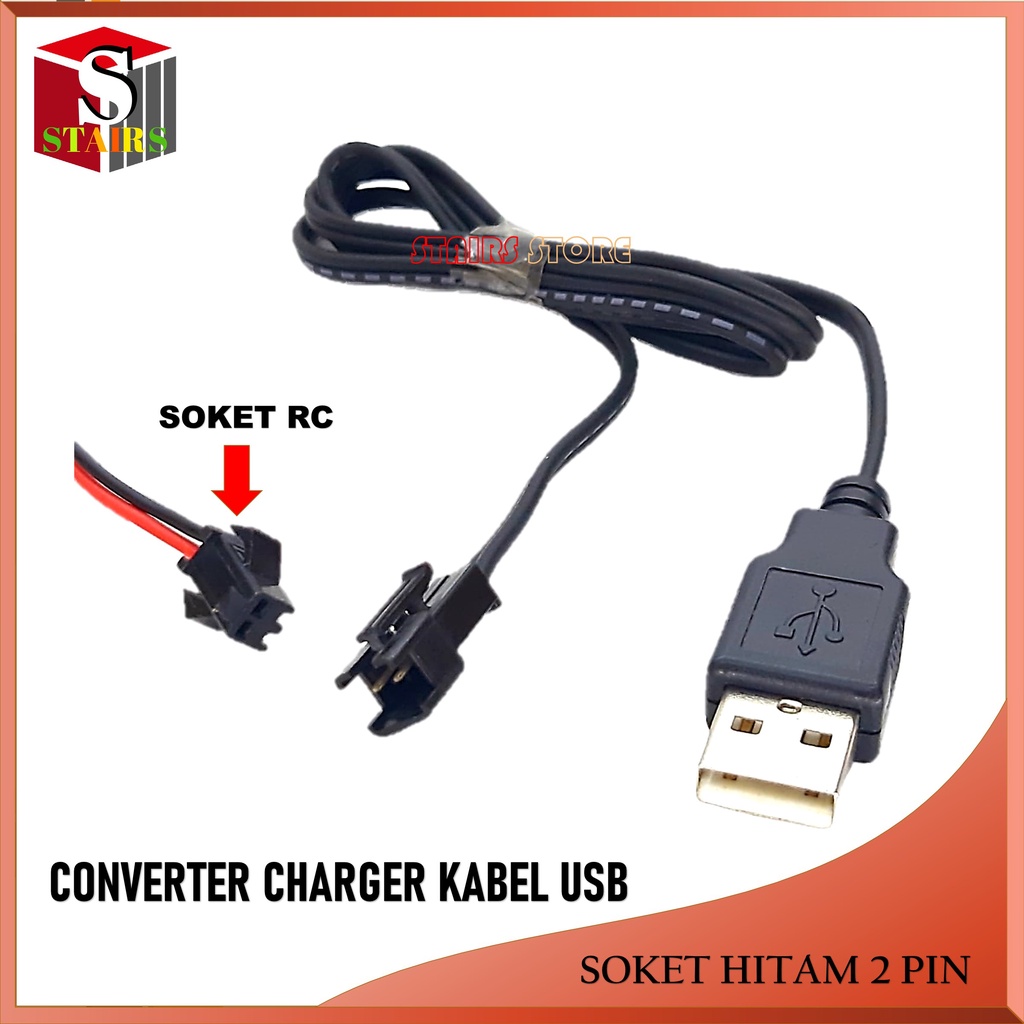 Kabel Cas Mobil RC Model USB Soket Hitam 2Pin Panjang Kabel 50Cm