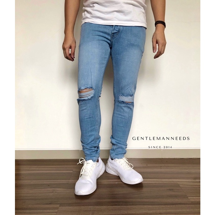 [CLEARANCE SALE] Celana Panjang Jeans Biru Muda Sky blue knee ripped rip sobek lutut robek Skinny fi