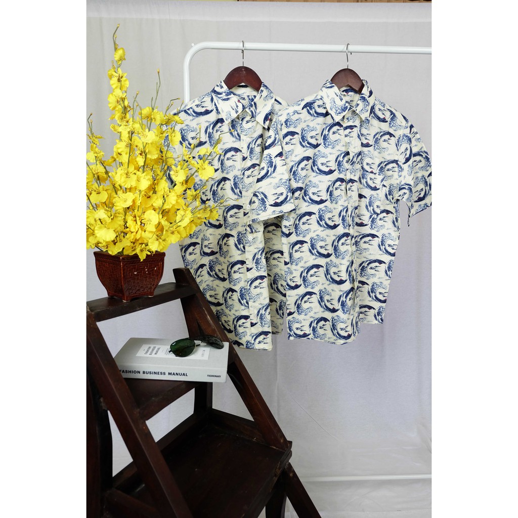 Kemeja Pria Putih Motif Ombak Jepang Harajuku