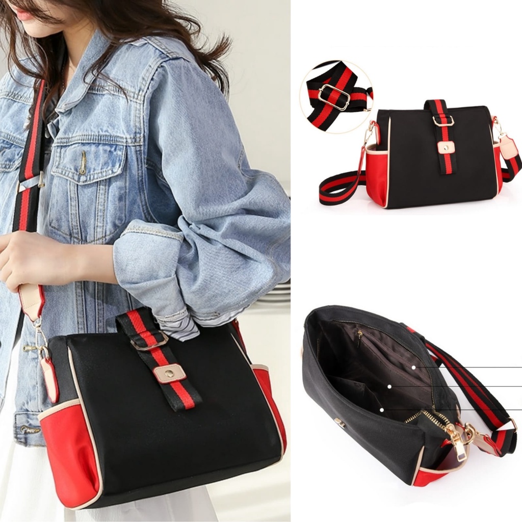 TAS SELEMPANG WANITA PREMIUM IMPORT TA606B5 SERPENA SLING BAG KANVAS HITAM MERAH CEWEK FASHION KOREA BRANDED REMAJA KEKINIAN SIMPLE BATAM MURAH