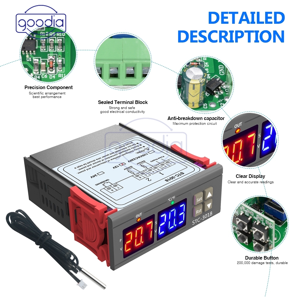 Termostat Digital Pengatur Suhu Dengan Sensor Probe Ac 110v-220v Stc-3018