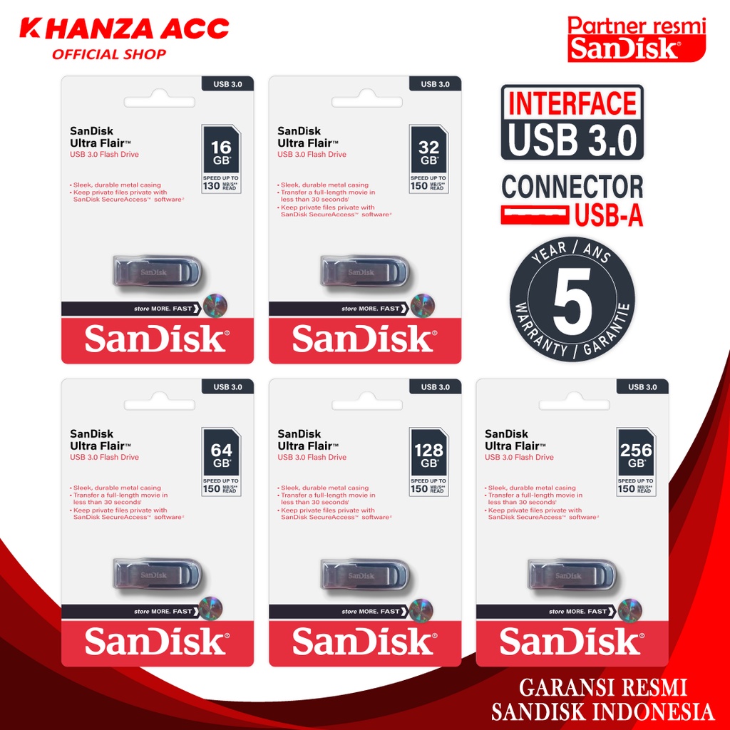 KHANZAACC SANDISK Ultra Flair Flashdisk 16GB / 32GB / 64GB / 128GB / 256GB USB 3.0 Original