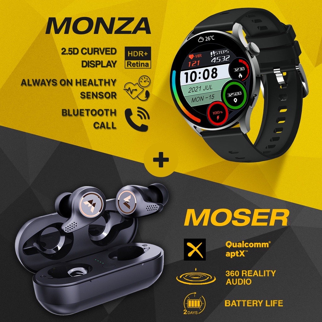 Bundling Series Budz Moser Earphone Wireless TWS dan Smartwatch Monza