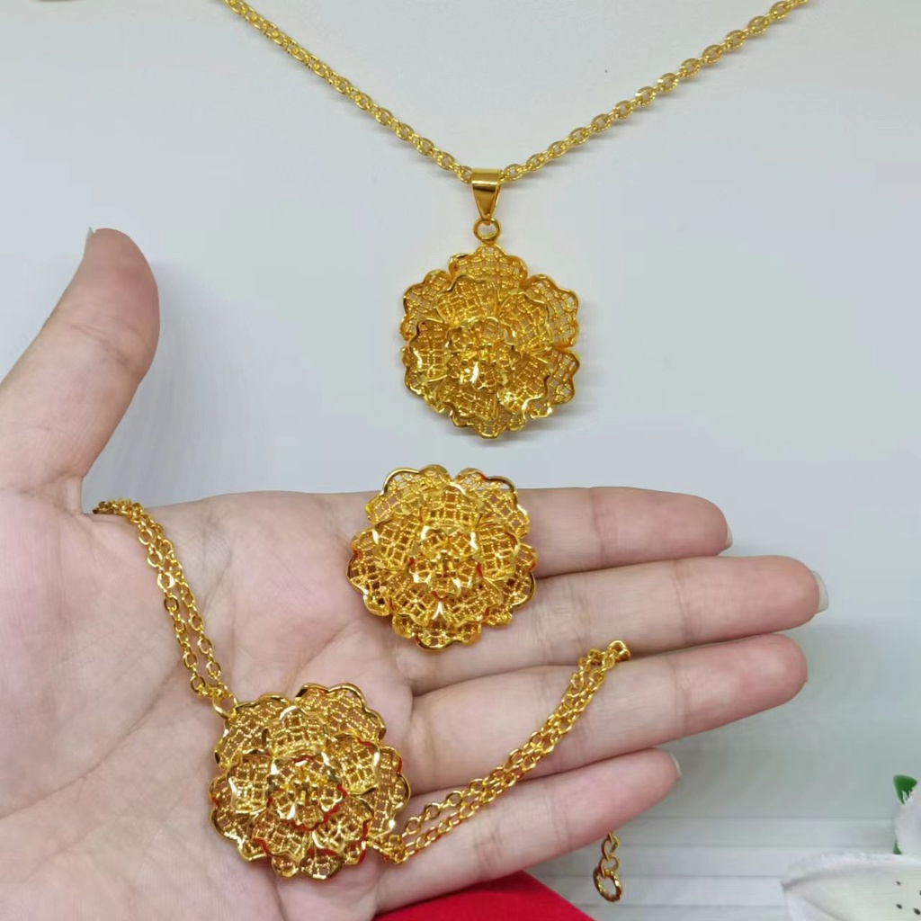 satu set gelang+kalung liontin+cincin kendari gold 24K hadiah bunga perhiasan dubai xuping