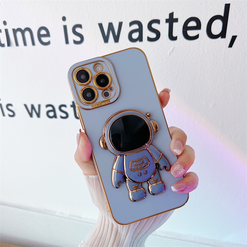 Soft Case Silikon Electroplated Pelindung Lensa Dengan Stand Astronaut Untuk iPhone 13 12 11 Pro Max X XR XS SE 2020 Max 8 7 6 6s Plus