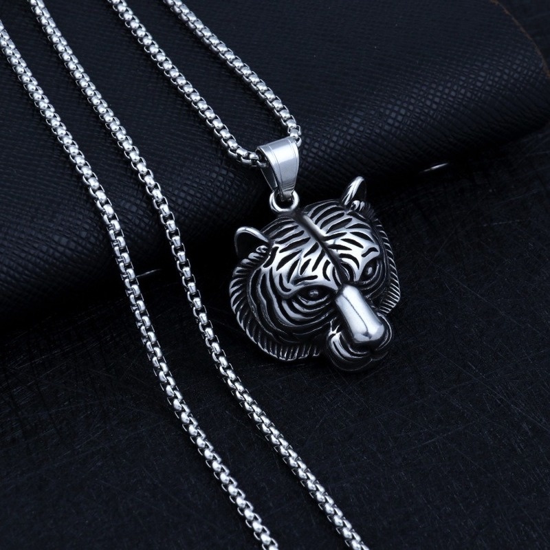 Kalung Liontin Kepala Harimau Bahan Stainless Steel Gaya Retro Eropa Amerika