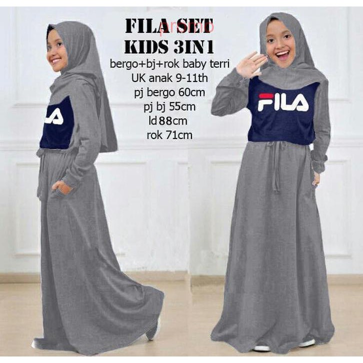Fila set kids 3in1 abu- baju muslim anak- Stellashoppie