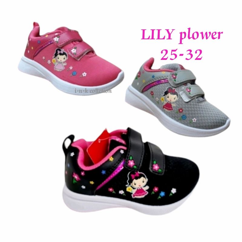 sepatu anak perempuan cantik Ando Lily Lily flower fuxia hitam abu TK SD