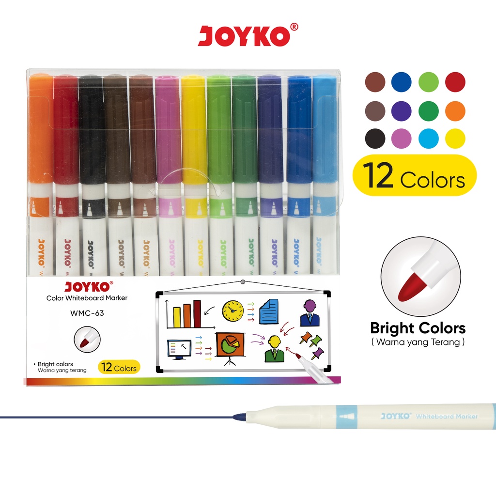 

Spidol Warna Papan Tulis Color Whiteboard Marker Joyko WMC-63 12 Warna