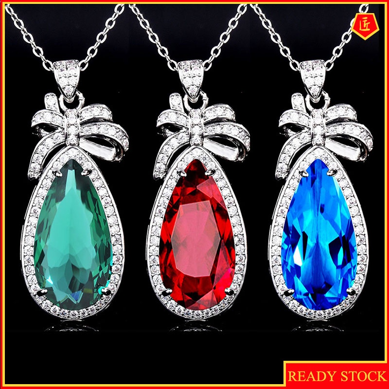 [Ready Stock]Emerald Water Drop Pear-Shaped Pendant Exaggerated Large Colored Gems Necklace