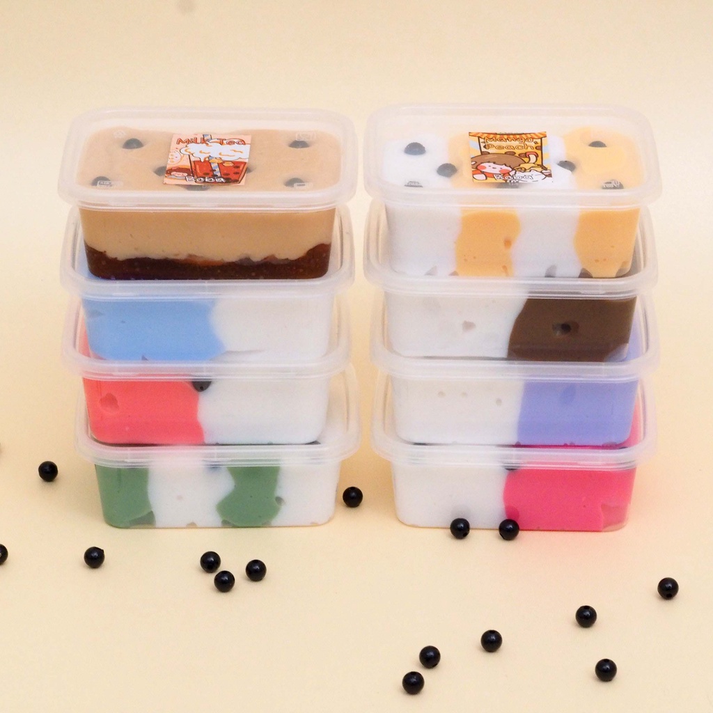 Slime Boba Variasi Dessert Box Slime Tofu Wangi Topping Sprinkels Warna Soft Kenyal Slime Boba Fuyu Jelly