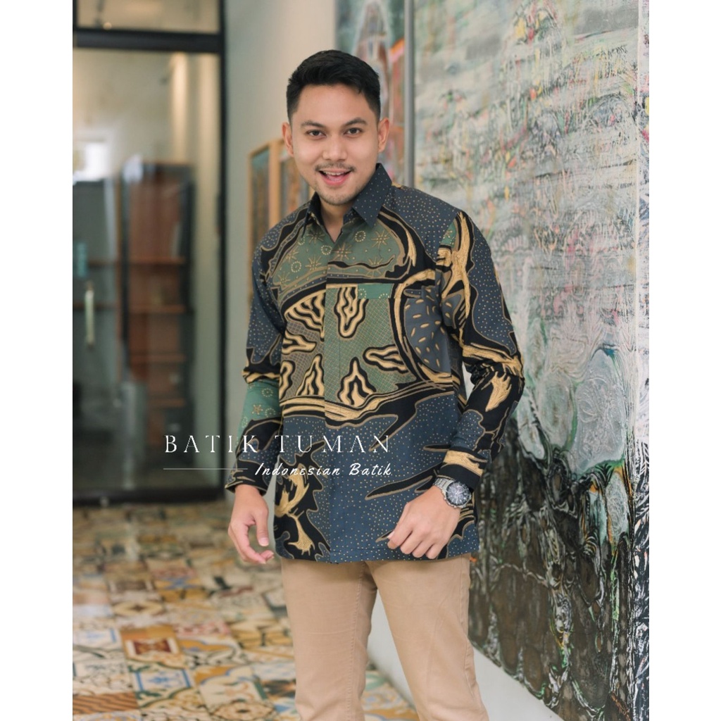 (SLIMFIT & REGULER) PONDRAKARNA NAVY MINT Kemeja Batik Pria Warna Navy Mint Pastel Batik Motif Abstr