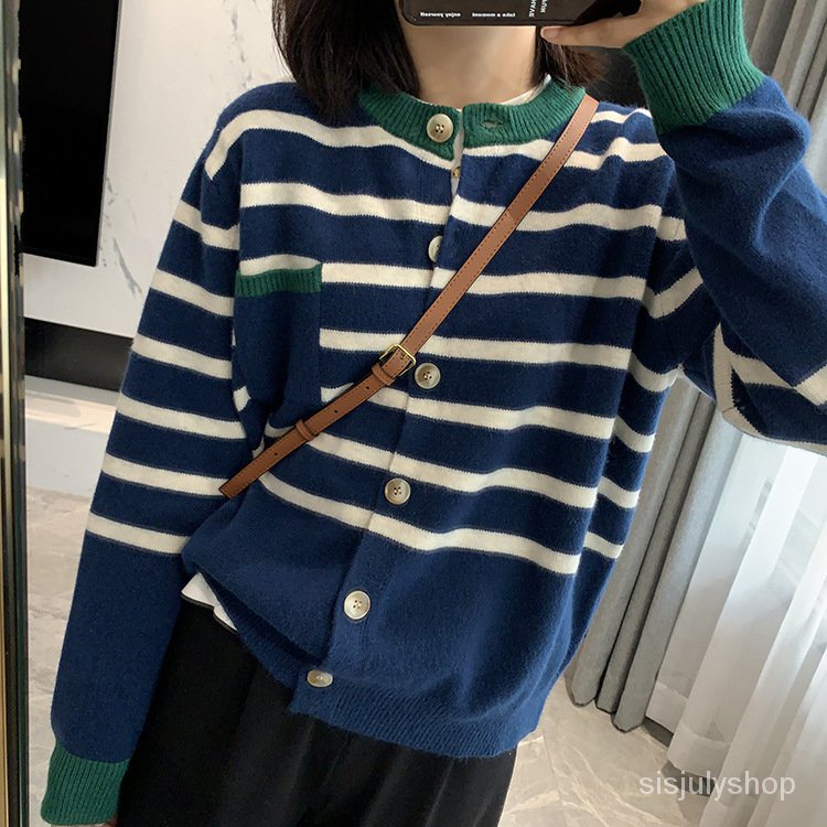 #Sisjuly# Wanita Striped Button Cardigan Longgar Preppy Lengan Panjang Jaket Sweater Rajut