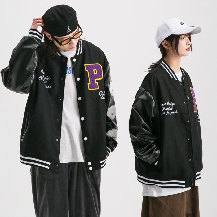 Varsity Jacket Mlbny Unisex Bomber Jaket Leather Sleevebaseball Jacket - M Barang Bagus