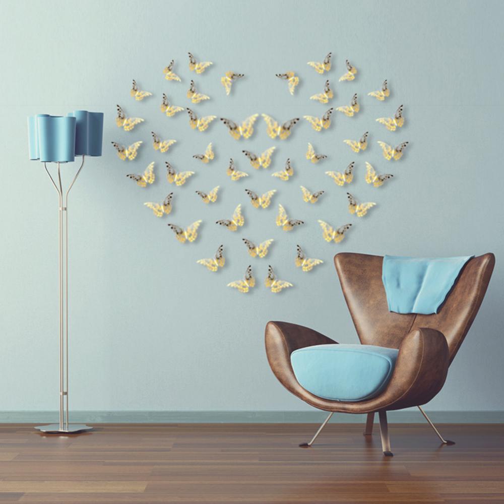 R-flower 12PCS/Pack 3D Butterfly Stiker Perlengkapan Pesta Dekorasi Rumah Tekstur Logam Dinding Art