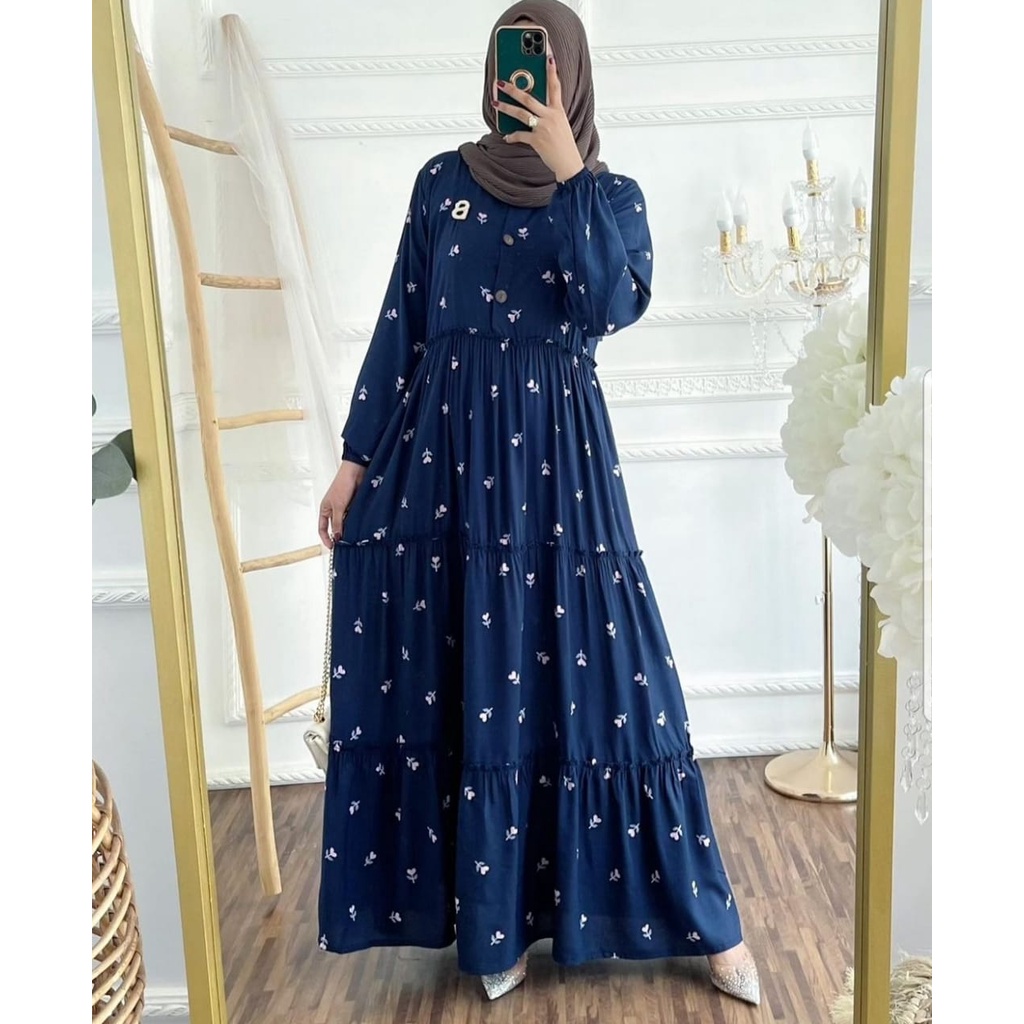 Gamis Rayon Homey Dress Terlaris / Gamis Muslim Syari Motif Terbaru-Tulip Navy Dress