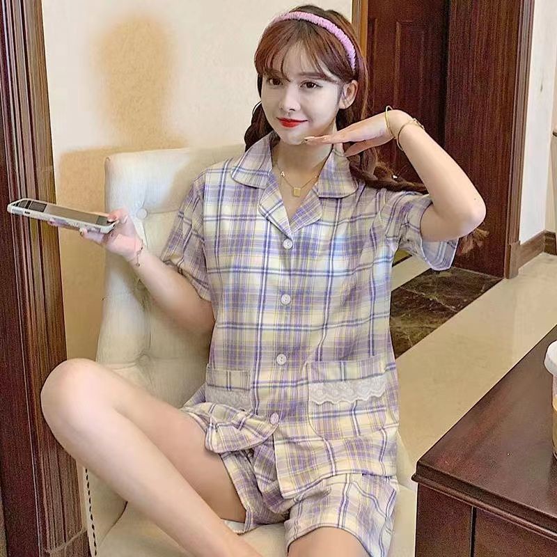 RULIF Baju tidur krah pendek wanita import Homewear/Piyama oneset Katun Kaos The Peach