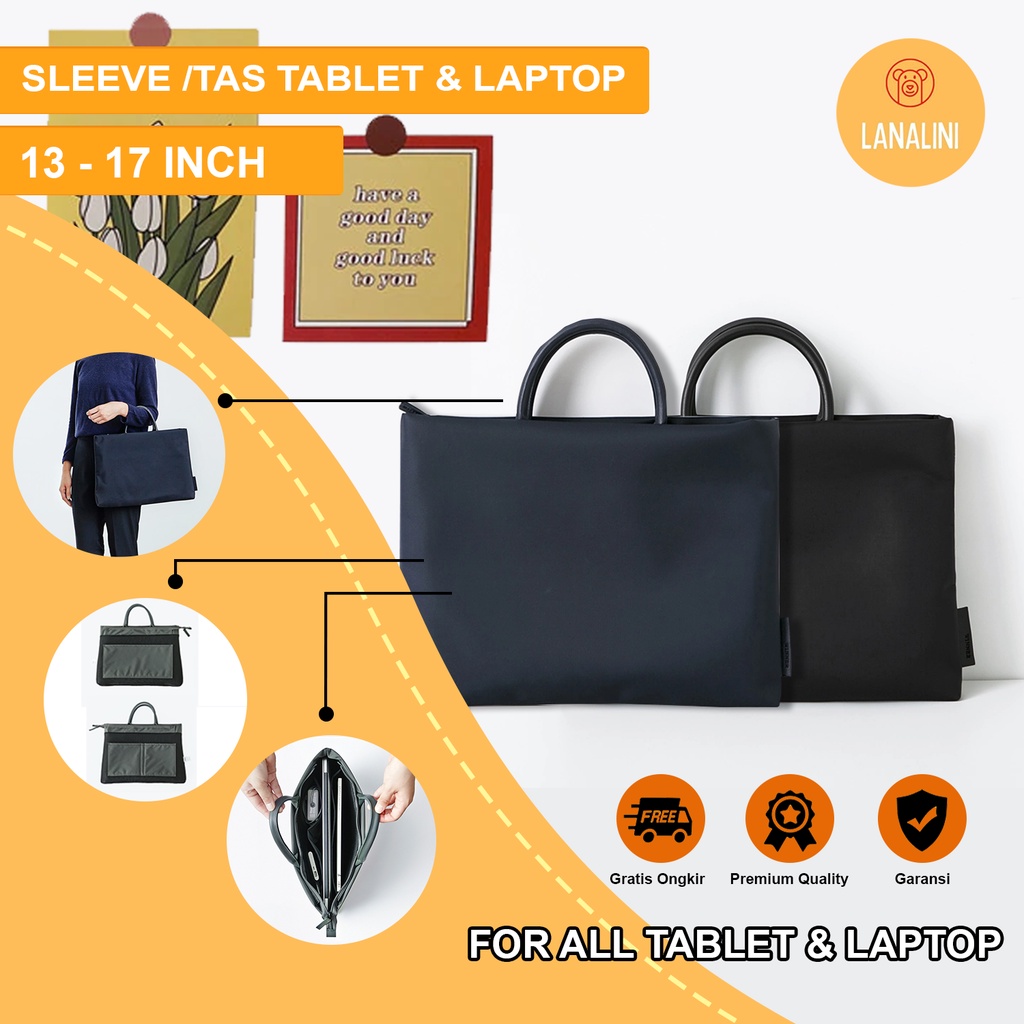 Sleeve Pouch Sarung Tas Bag Case Ipad Tab Tablet Macbook Air Pro Laptop Asus Acer Lenovo HP Huawei 11 12 13 14 15 inch Motif Gambar Polos Warna Hitam Biru Black Navy Lucu Cute Murah Korean Model Tali Jinjing Banyak Slot Ruang Stationary Waterproof