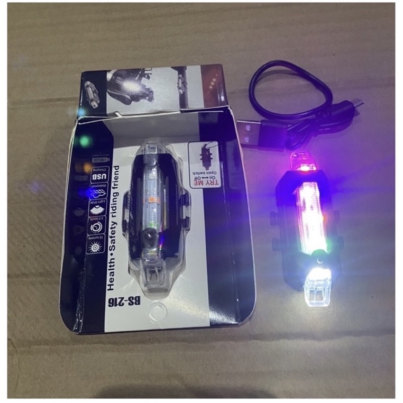 PROMO***Paket Lampu Sepeda Depan dan Lampu Belakang Rainbow Multiwarna INBOX Rechargeable