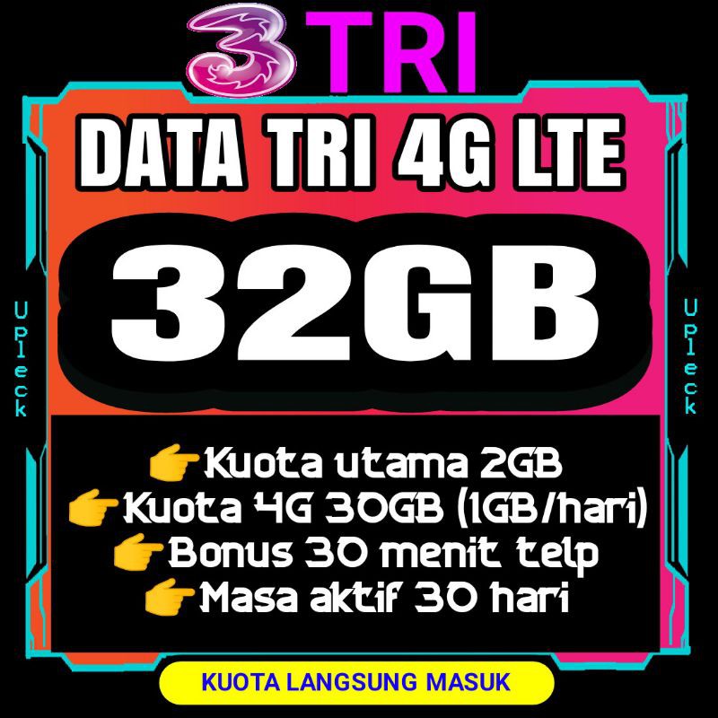 Tembak / Inject Data Tri Combo 32GB 4G LTE Kuota 32 GB ( 1GB per Hari ) selama 30 hari Paket Three