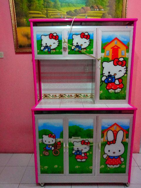 Rak Piring 3 Pintu Gendong Kaca Lukis Full Colour + Roda jumbo Tiang Besar (promo Harga)