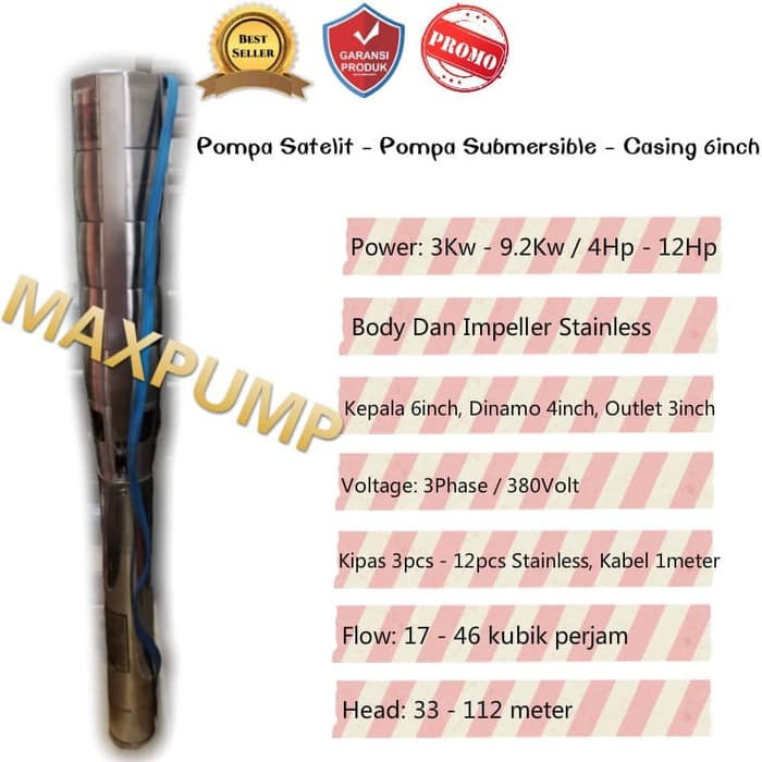 MAXPUMP 150QJ46-24/3-5.5SPA pompa satelit 6ss deep well submersible pump pompa celup 7.5hp 380volt 46kubik 5500watt stenlis