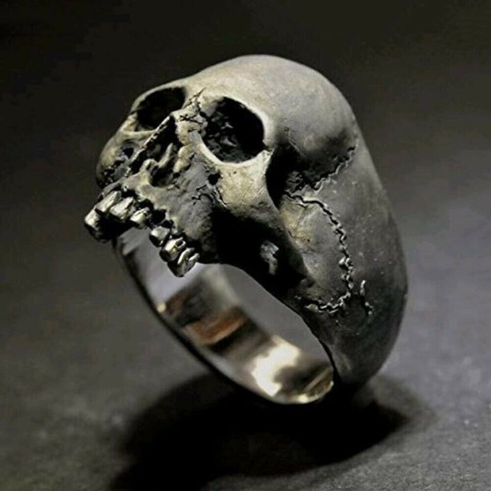 Cincin Tengkorak Gothic Baja Titanium Hitam Antik Perhiasan Fashion Pria Punk Rings