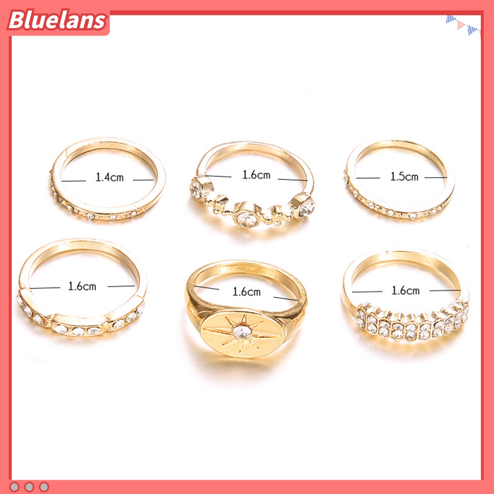 6pcs / Set Cincin Jari Bentuk Matahari Aksen Berlian Imitasi Untuk Wanita