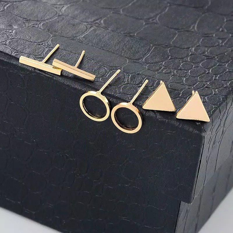 3 Pasang Anting Tusuk Wanita Cubic Triangle Geometric Shaped Stud Earrings