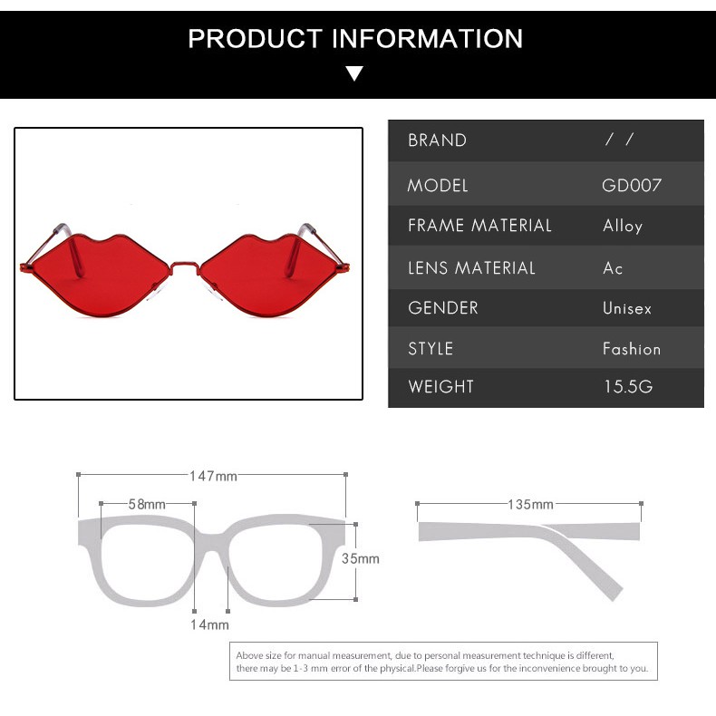 Kacamata Sunglass Bentuk Bibir Gaya Western, 7 Warna