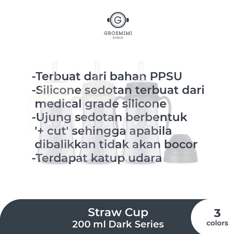 Grosmimi PPSU Straw Cup 300ml Dark Series - Botol Minum Anak Bayi Bottle Sedotan With Handle Dengan Pegangan Korea