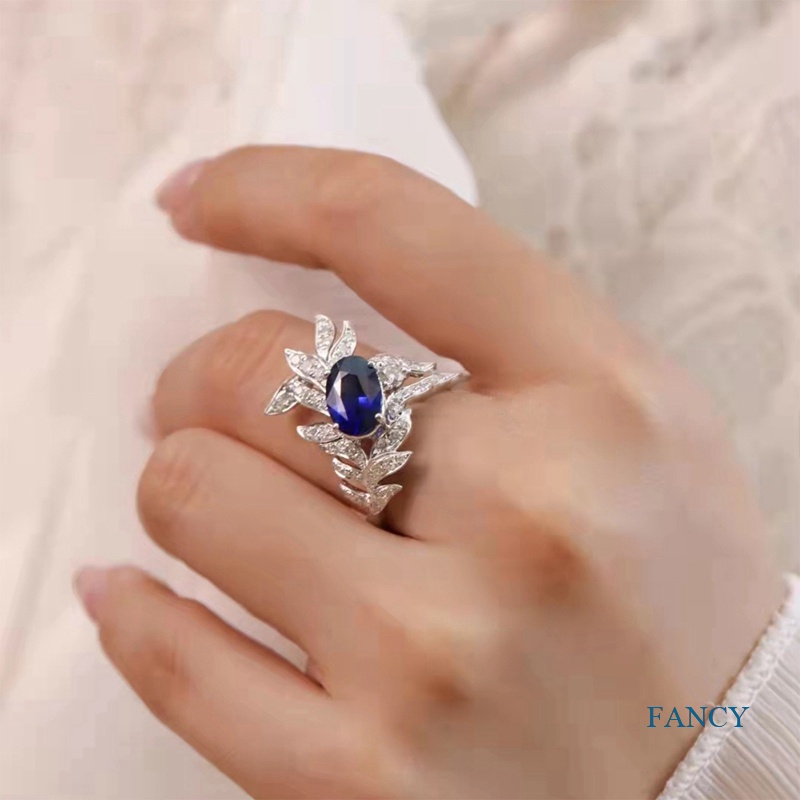 Cincin Bentuk Daun Geometris Bahan Cubic Zircon Warna Biru Gaya Korea Untuk Wanita