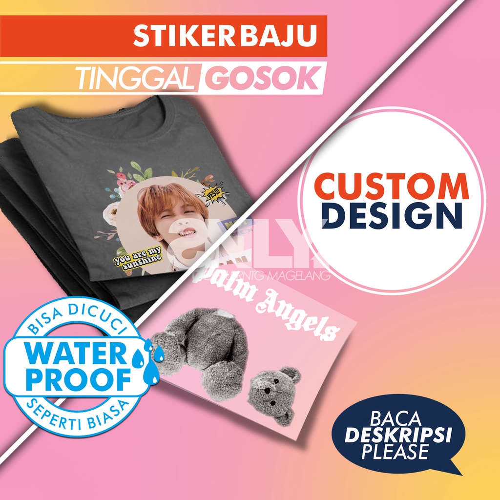 

Stiker Baju Sablon Sticker Setrika Custom Transparan Waterproof Ukuran Sedang & Besar