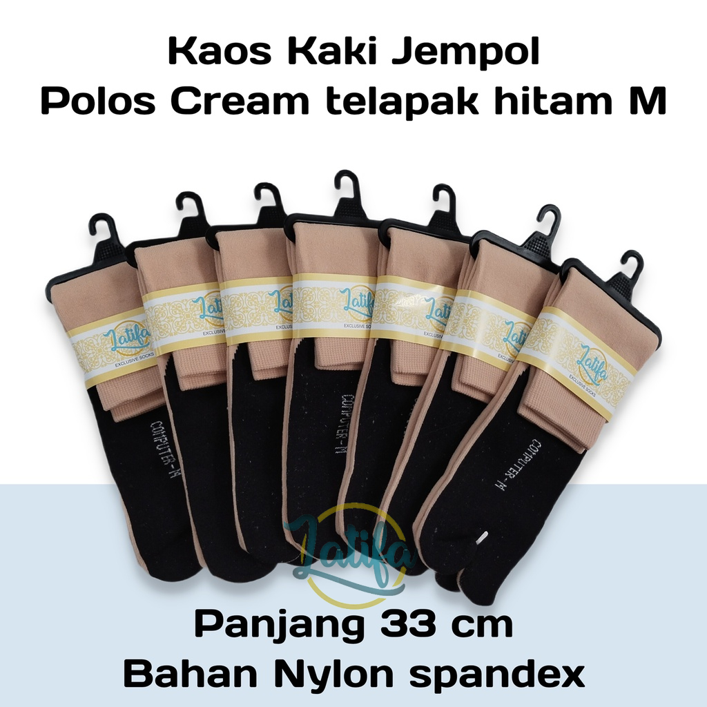 12 PASANG Kaos Kaki Jempol Polos Cream Telapak Hitam M ( Setengah Betis )