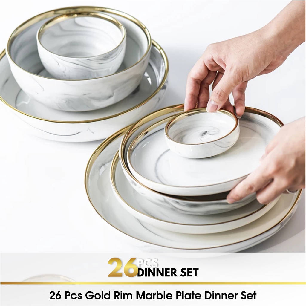 Set 18 &amp; 26 PCS Piring Mangkok Mangkuk Makan Keramik Bowl Set Marble Marbel Plate Gold Rim