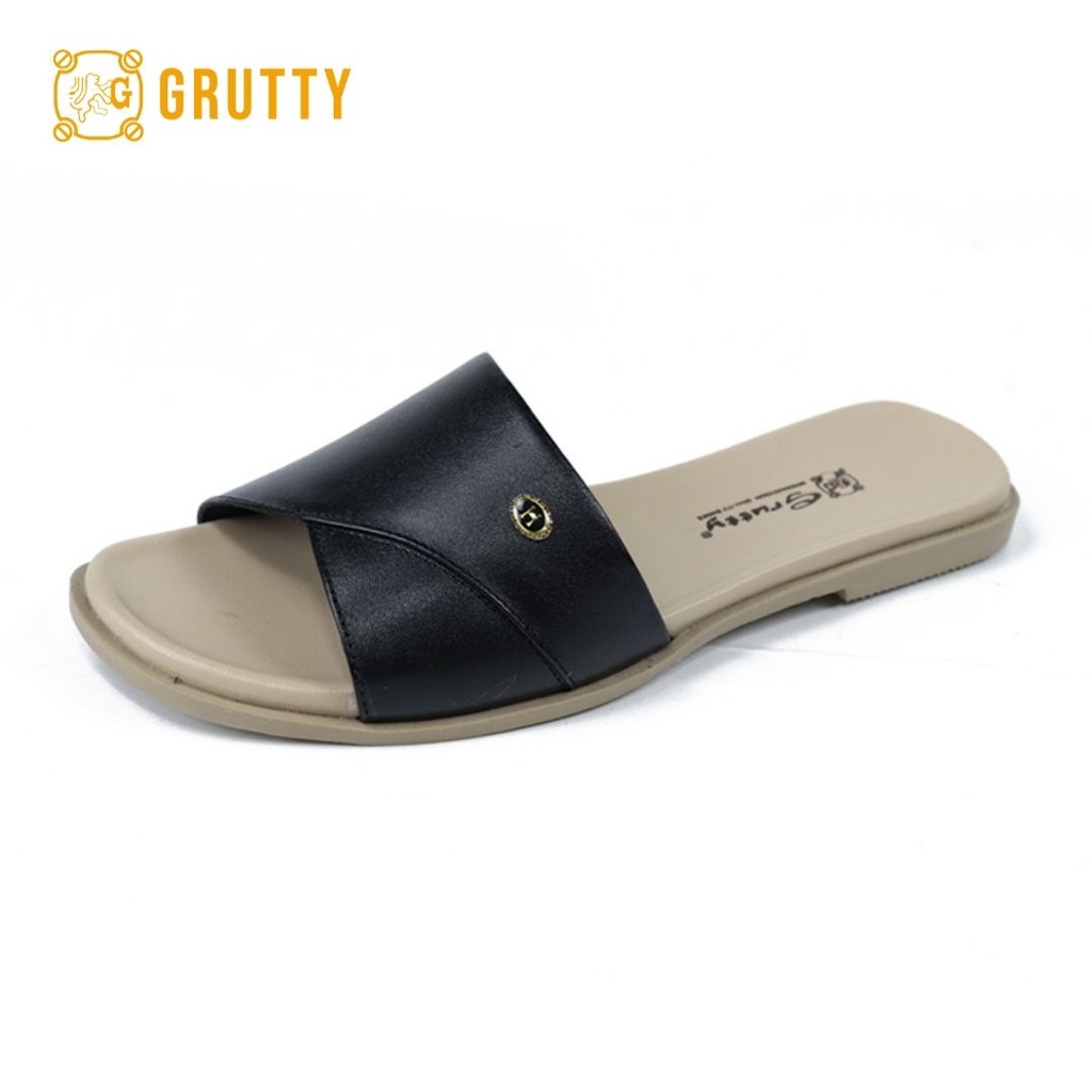 Sandal Wanita Flat Kulit Asli Slide Sandal Teplek Grutty DD120 Hitam